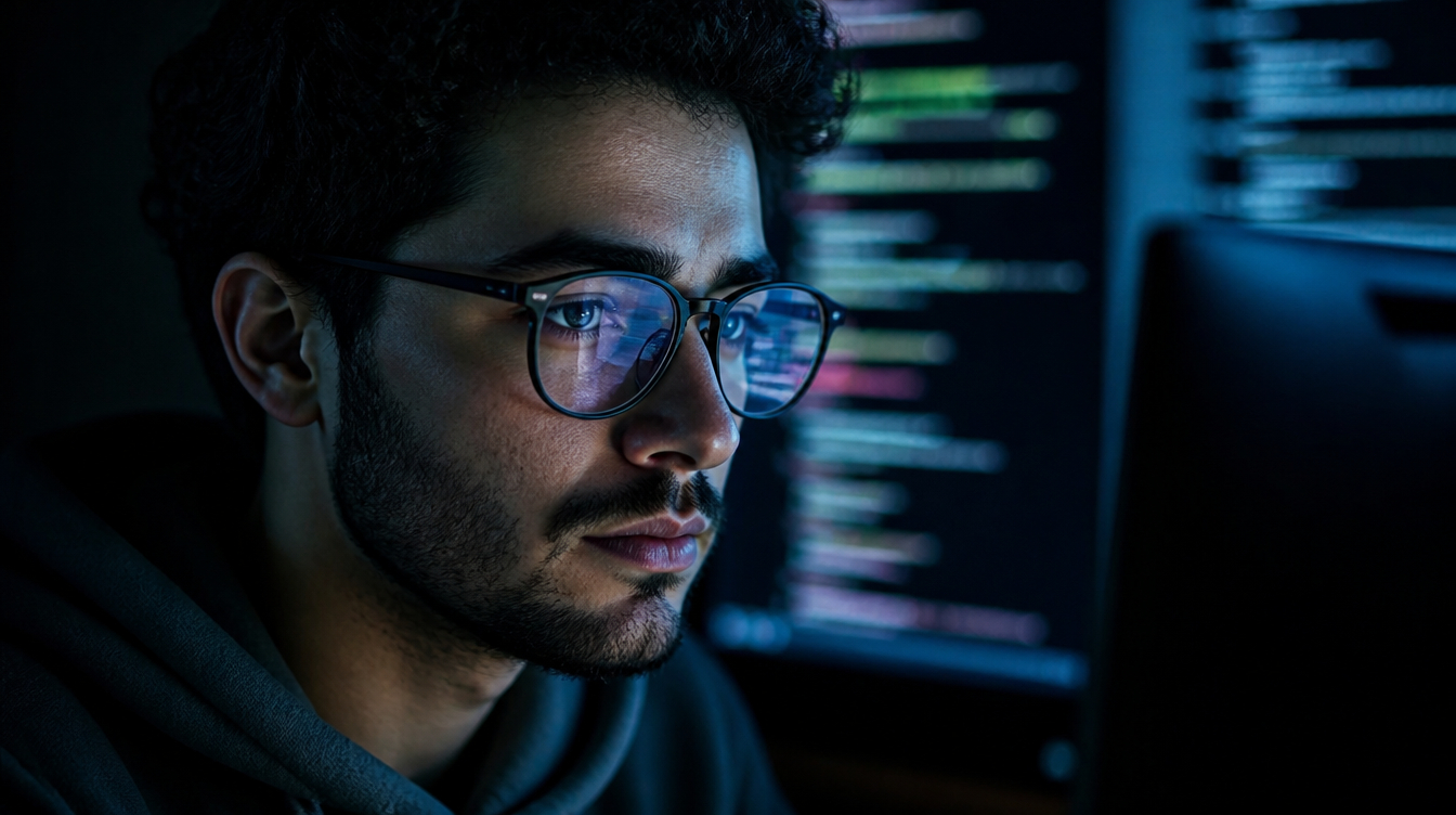 Data science student wearing glasses analyzing code and information displayed across computer monitors.