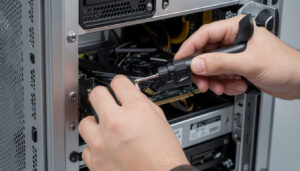 Person using a screwdriver to install a component inside an open desktop computer case.