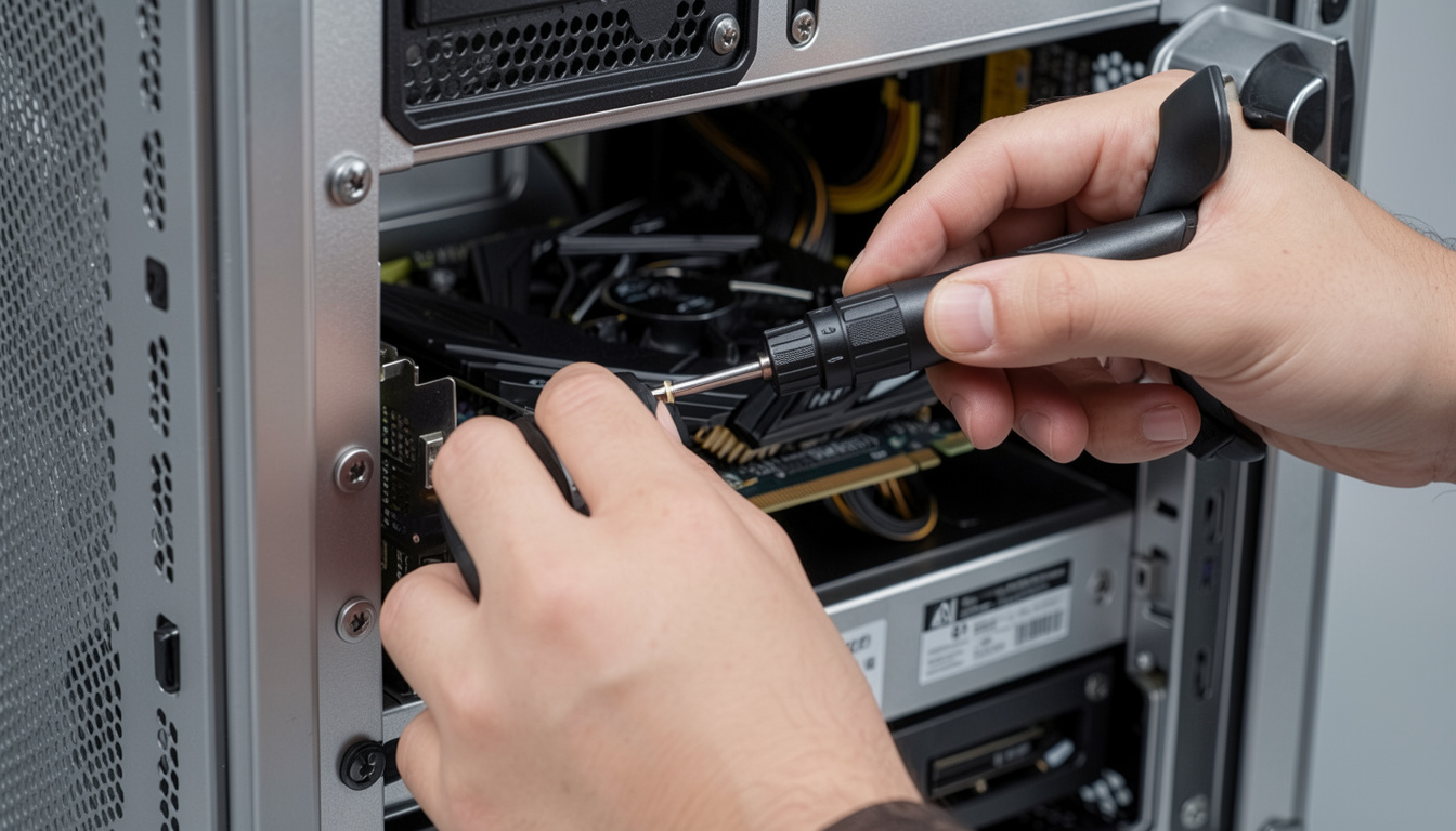 Person using a screwdriver to install a component inside an open desktop computer case.