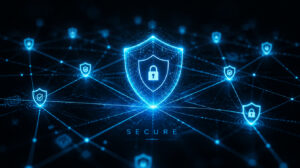 igital security illustration featuring a glowing shield and padlock connected to a protected computer network.