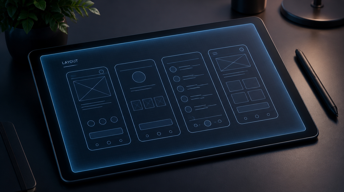 Tablet displaying wireframe layouts for mobile application and user interface development.