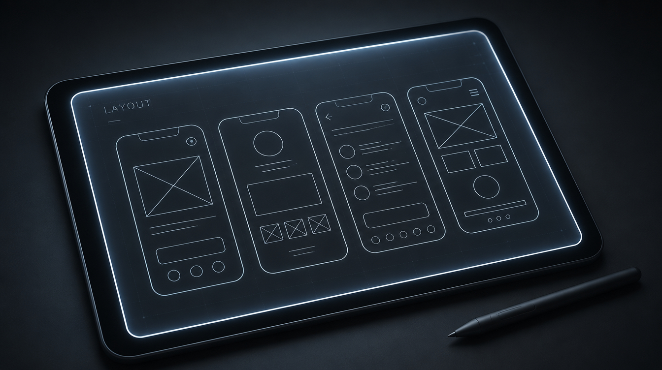 Tablet displaying mobile app wireframes and user interface layouts beside a digital stylus.