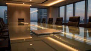 Closed laptop on a glass conference table in a modern office meeting room.