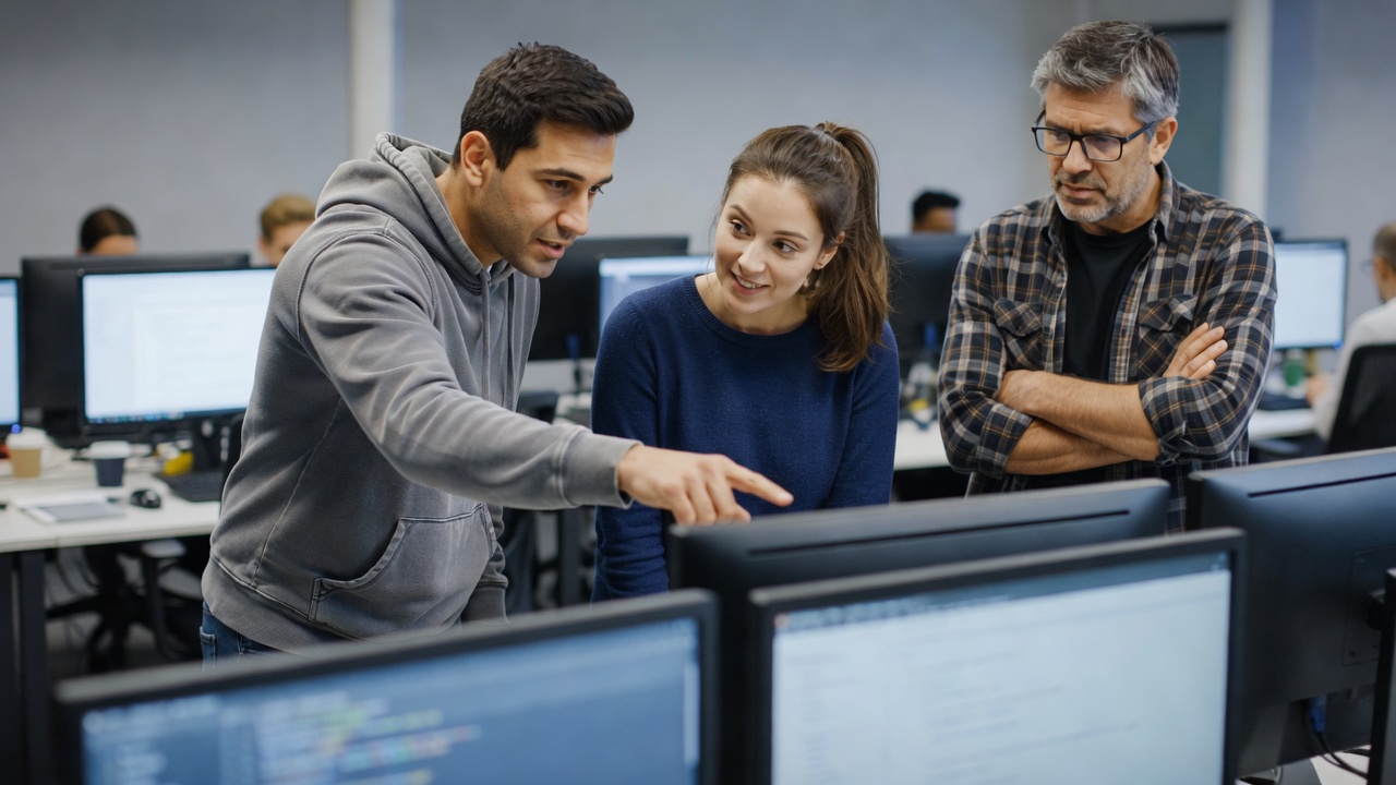 Students and instructor review computer screens in a technology classroom for UI/UX design and software developer training.