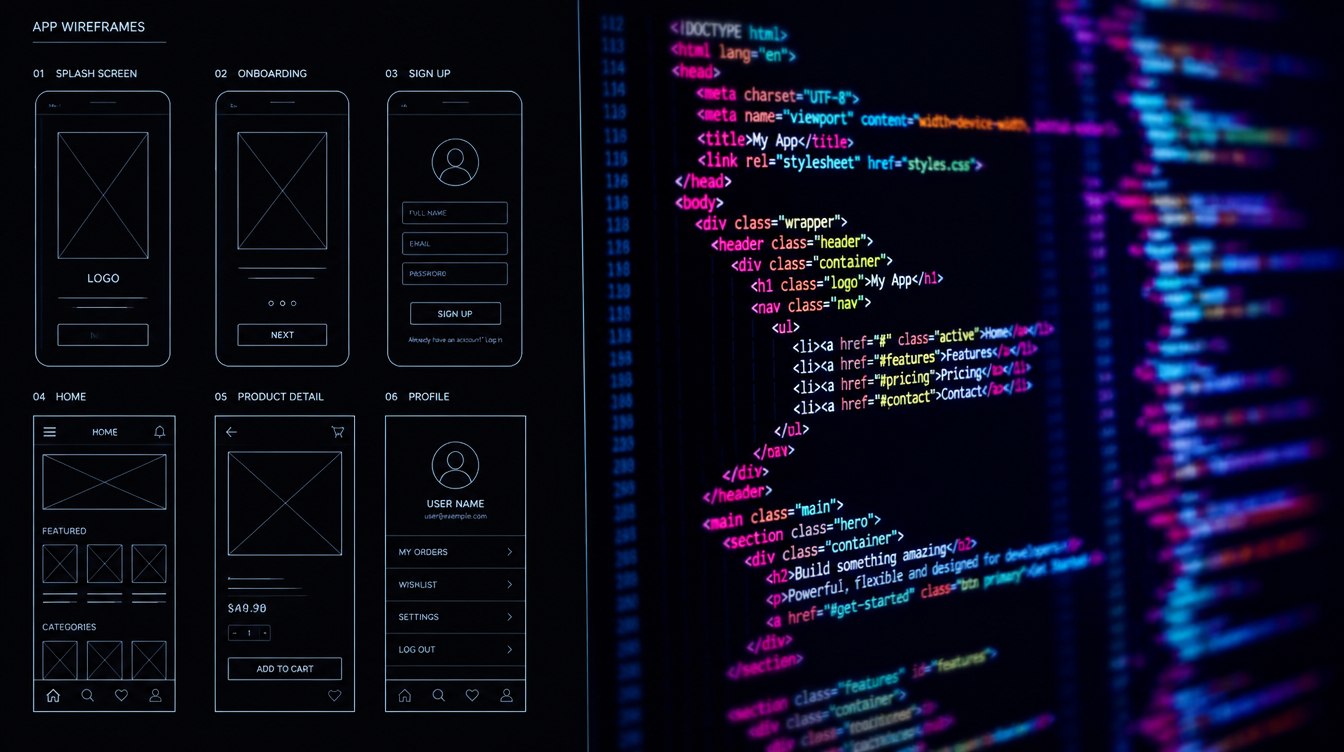 App wireframes and colorful coding screens represent technology training in computer support, cyber security, data science, and software development.