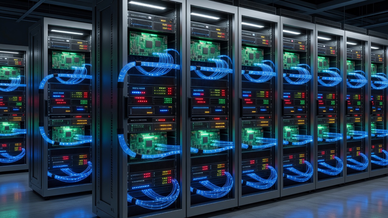 Server racks with glowing network cables represent technology training in cyber security, data science, and coding programs.