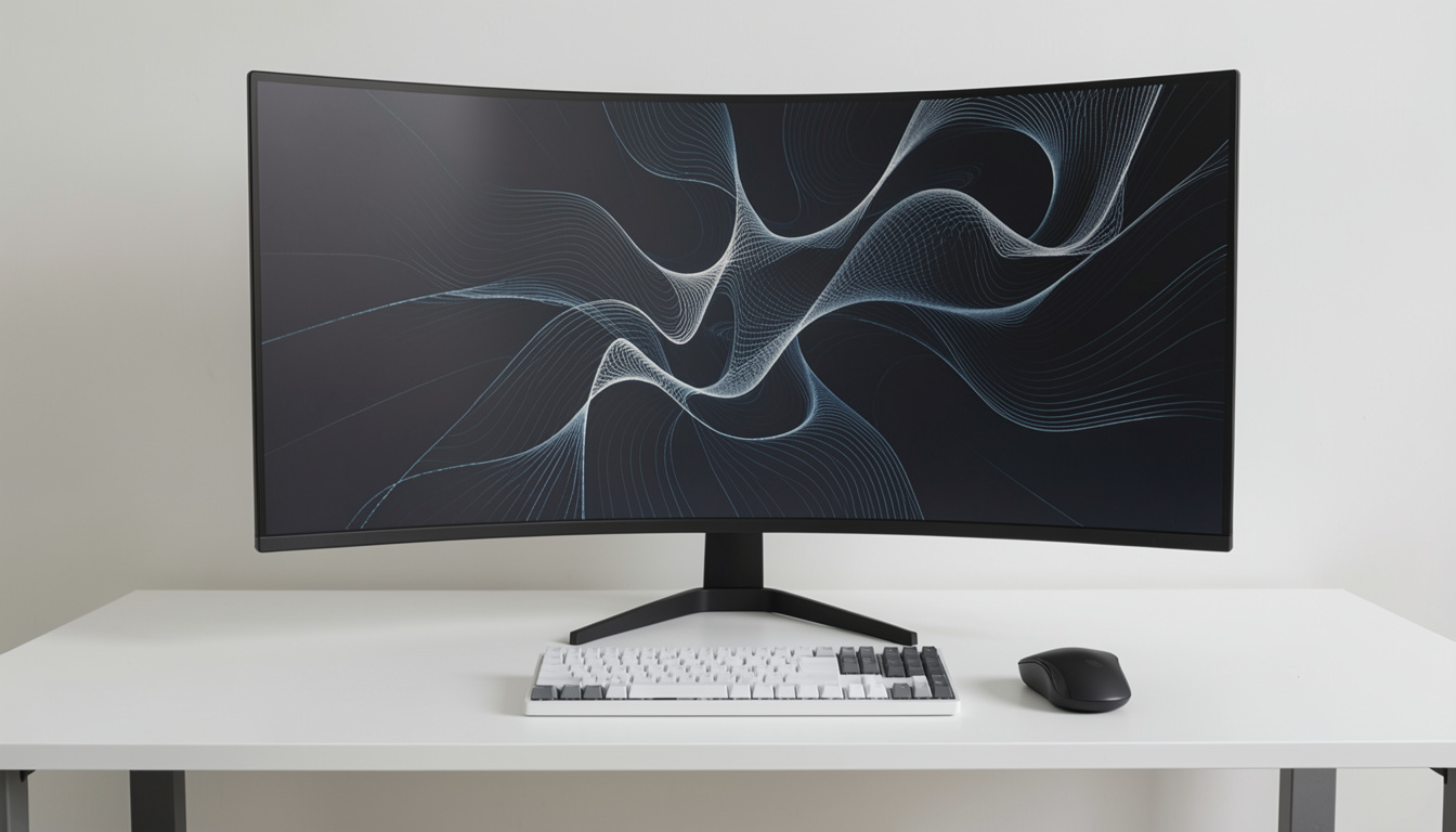 Curved computer monitor, keyboard, and mouse on a desk representing hands-on computer technician training and support skills.