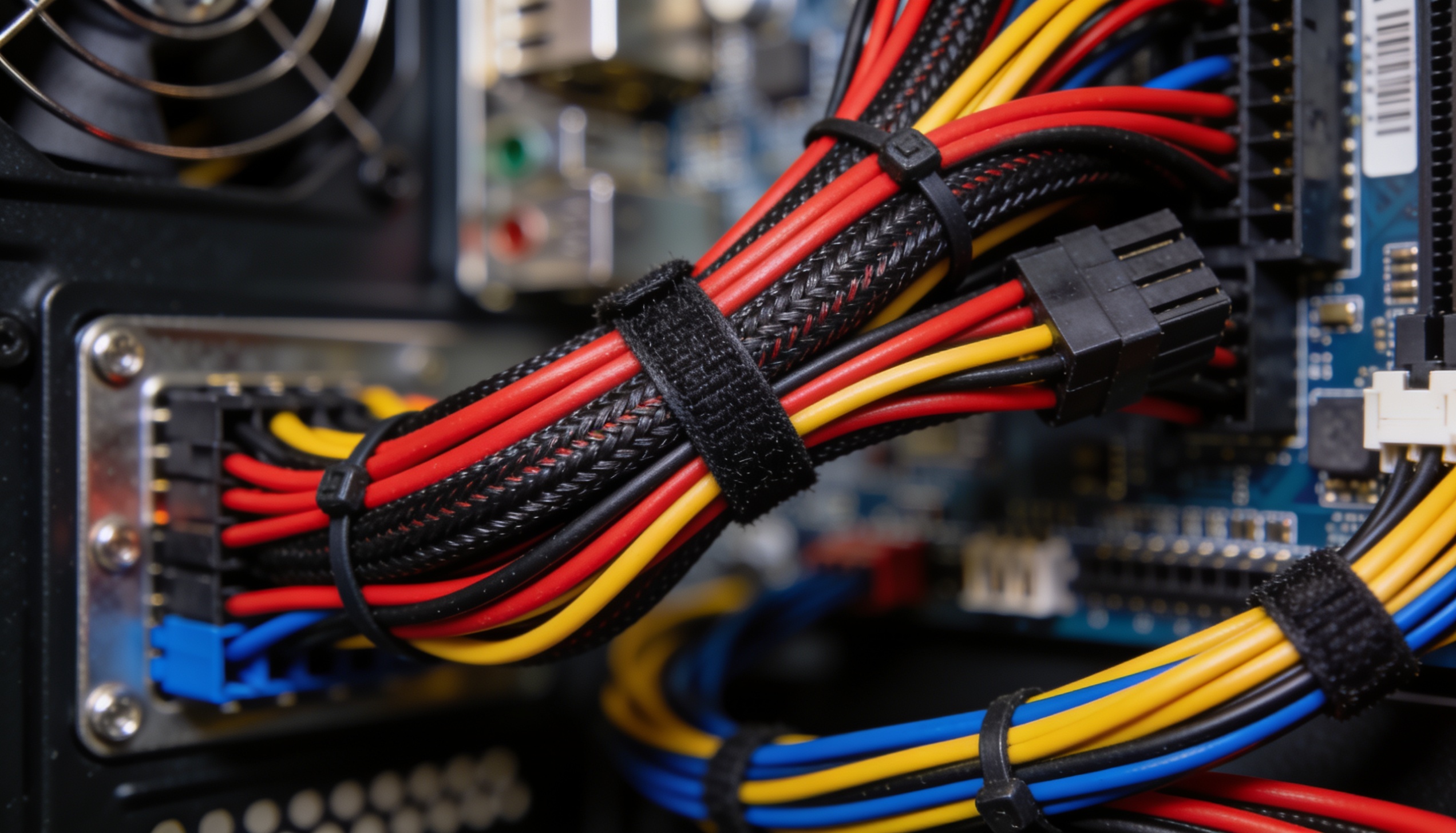 Close-up of colorful computer cables and internal hardware representing Computer Support Specialist training and technology troubleshooting.