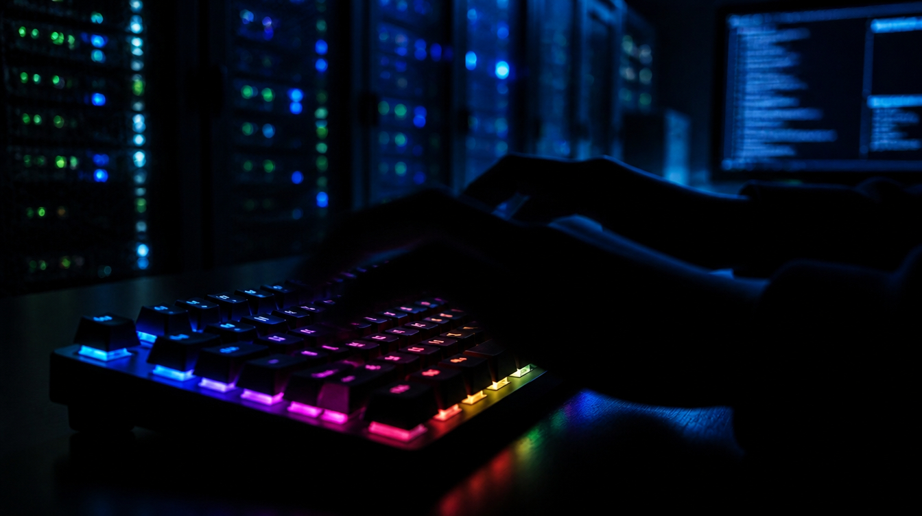 Person typing on a colorful keyboard in a dark server room representing cyber security training and network monitoring.